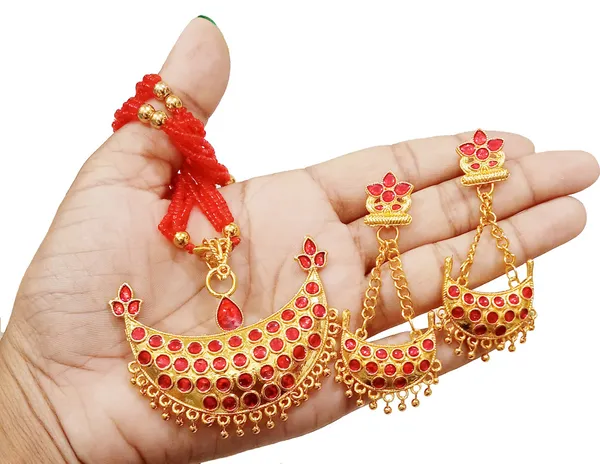Assamese_Traditional_Gold_Plated_Red_Colour_Joonbiri_Tassel_Jewellery_Set_For_Women